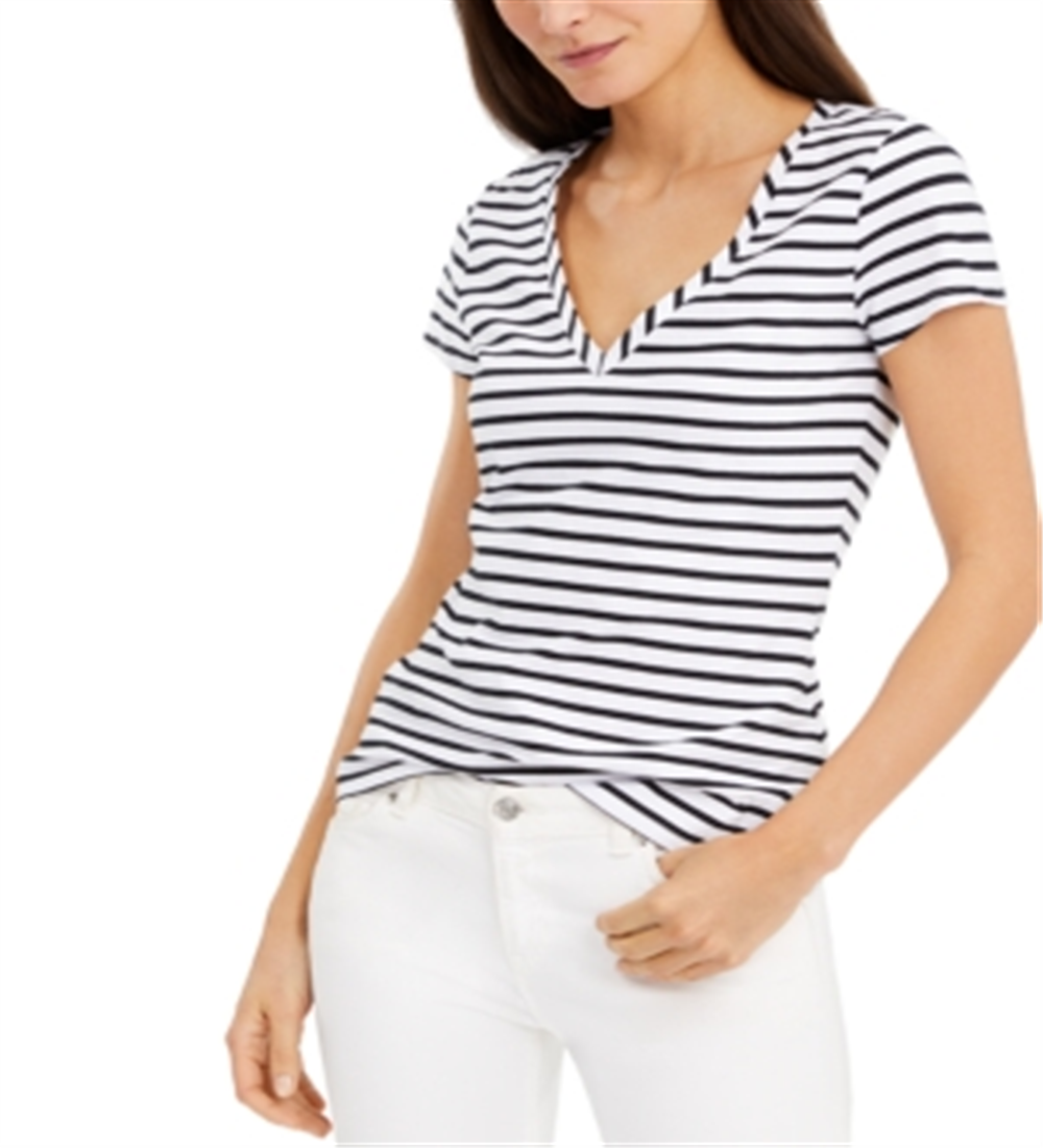 INC International Concepts Women's Striped Basic T-Shirt -White Black Size Large