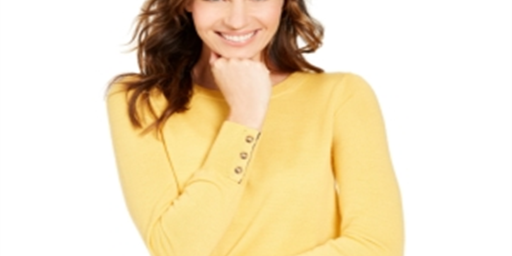 Charter Club Women's Button Cuff Merino Wool Sweater Yellow Size Petite L
