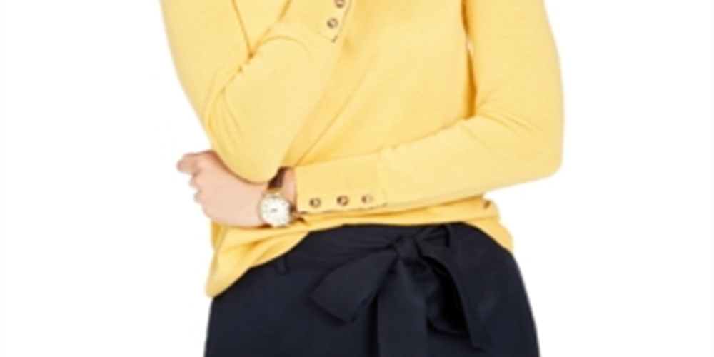 Charter Club Women's Button Cuff Merino Wool Sweater Yellow Size Petite L