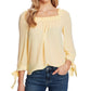 CeCe Women's Ruched Neck Tie Sleeve Top Yellow Size Small