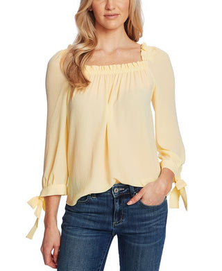 CeCe Women's Ruched Neck Tie Sleeve Top Yellow Size Small