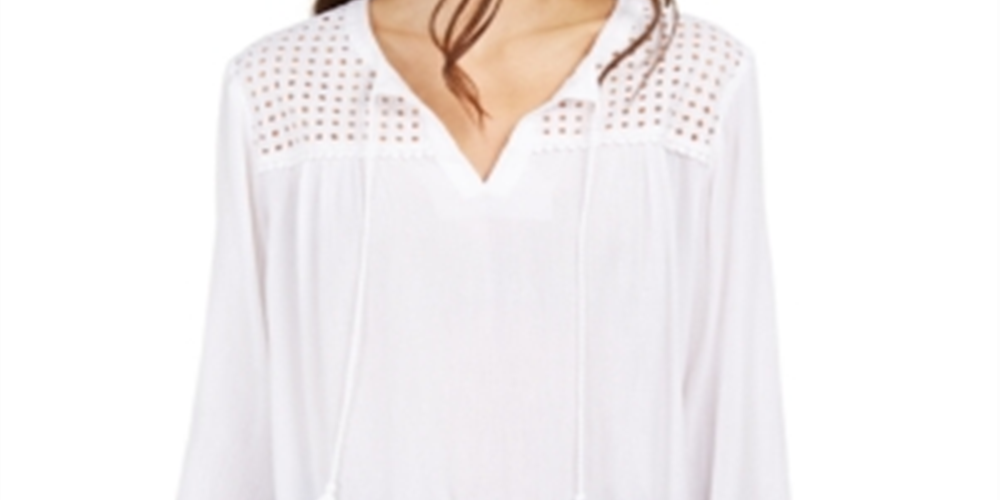 Charter Club Women's Tassel Tie Eyelet Linen Top White Size XX-Large