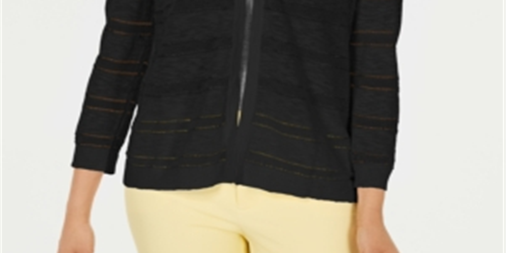 Charter Club Women's Pointelle Striped Cardigan Black Size Large