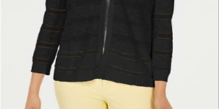 Charter Club Women's Pointelle Striped Cardigan Black Size Large