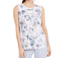 Calvin Klein Women's Floral Hardware Trim Pleat Neck Top White Size Petite M