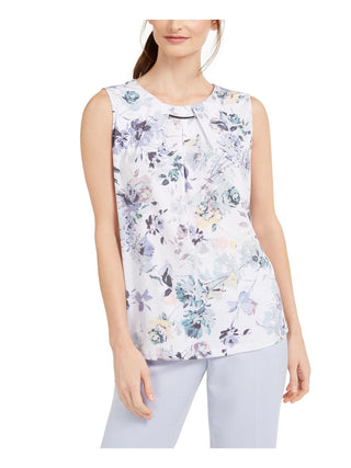 Calvin Klein Women's Floral Hardware Trim Pleat Neck Top White Size Petite M