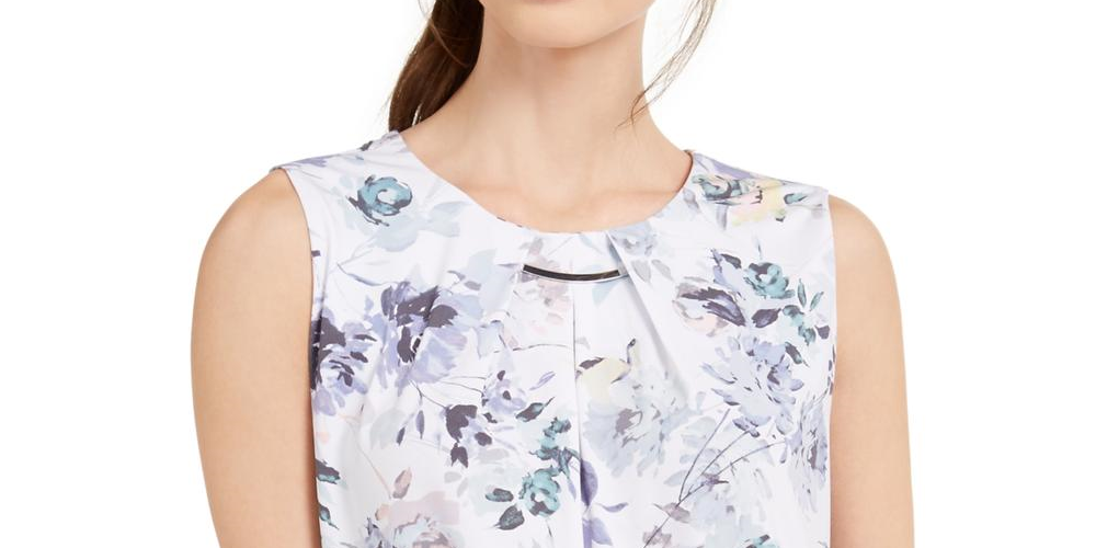 Calvin Klein Women's Floral Hardware Trim Pleat Neck Top White Size Petite M