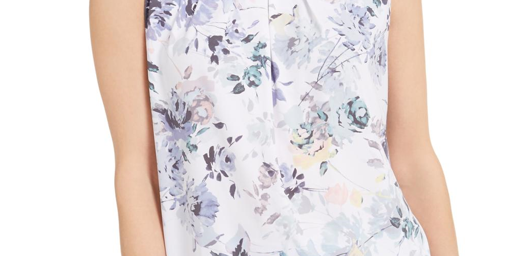 Calvin Klein Women's Floral Hardware Trim Pleat Neck Top White Size Petite M