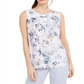 Calvin Klein Women's Floral Hardware Trim Pleat Neck Top White Size Petite M
