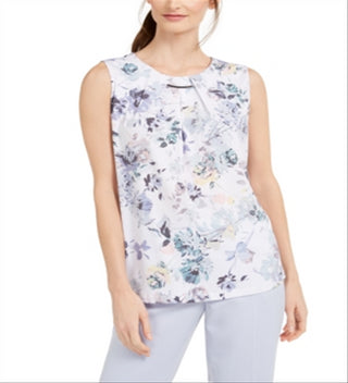 Calvin Klein Women's Floral Hardware Trim Pleat Neck Top White Size Petite M