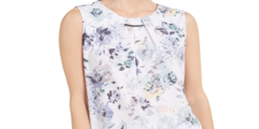 Calvin Klein Women's Floral Hardware Trim Pleat Neck Top White Size Petite M