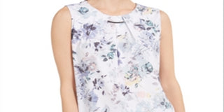 Calvin Klein Women's Floral Hardware Trim Pleat Neck Top White Size Petite M
