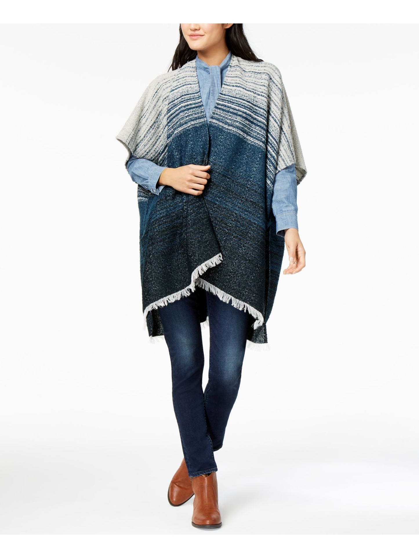 Lucky Brand Women's Striped Fringe-Trim Kimono Blue Multi One Size
