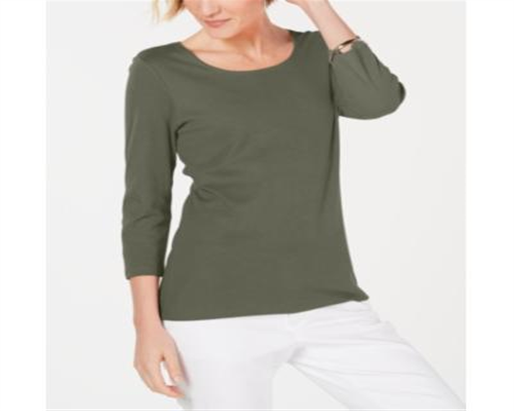 Karen Scott Women's Cotton Scoop Neck Top Green Size Petite Small
