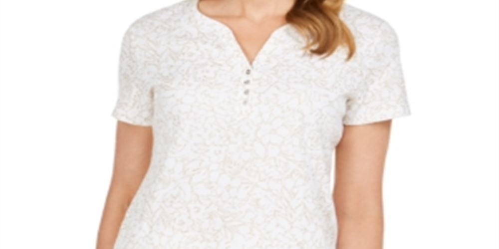 Karen Scott Women's Glitter-Print Henley Top  White Size Small