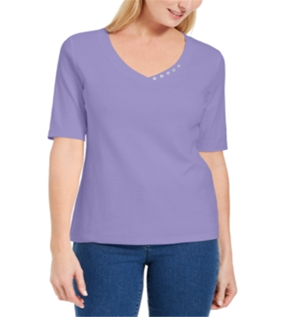 Karen Scott Women's Petite Button-Detail V-Neck To Lilac Sachet Size PM