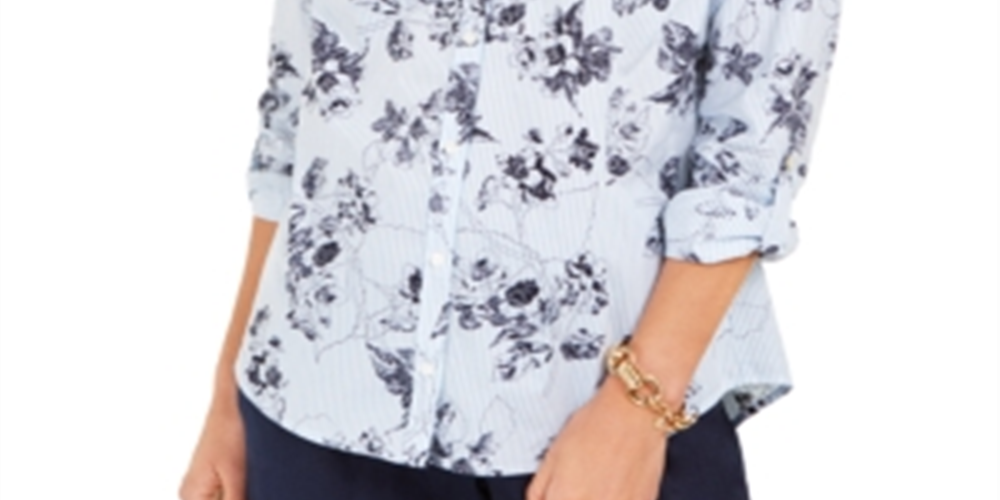 Charter Club Women's  Printed Button-Down Cotton Blouse  Blue Size XS