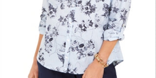 Charter Club Women's  Printed Button-Down Cotton Blouse  Blue Size XS