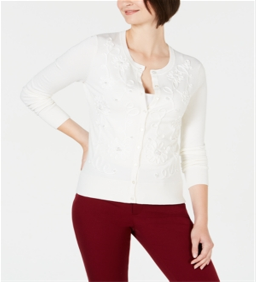 Charter Club Women's Floral-Applique Cardigan  White Size 2XL