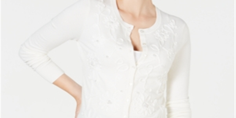 Charter Club Women's Floral-Applique Cardigan  White Size 2XL