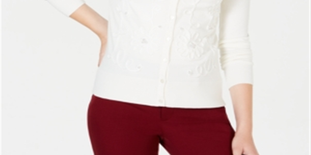 Charter Club Women's Floral-Applique Cardigan  White Size 2XL