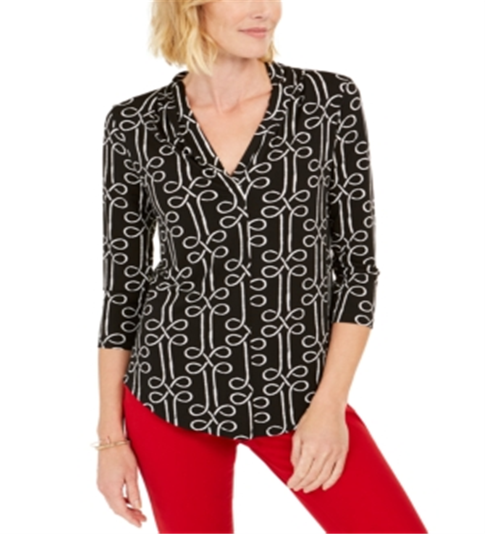 Charter Club Women's Printed V-Neck Top  Black Size XS