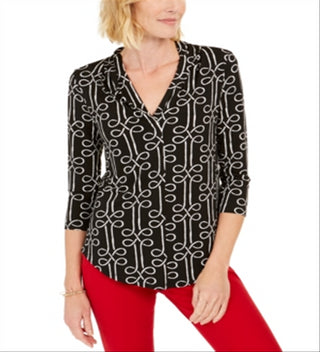 Charter Club Women's Printed V-Neck Top  Black Size XS