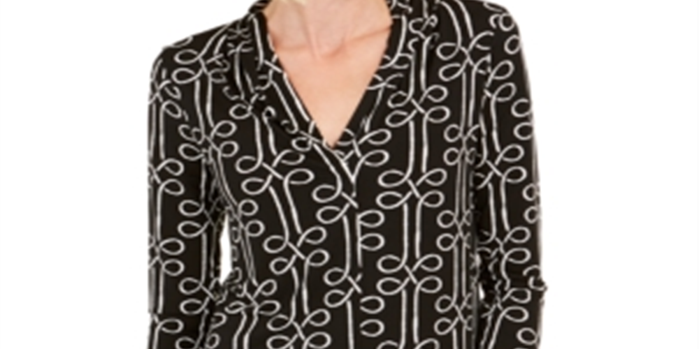 Charter Club Women's Printed V-Neck Top  Black Size XS