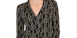 Charter Club Women's Printed V-Neck Top  Black Size XS