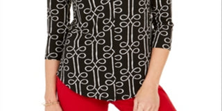 Charter Club Women's Printed V-Neck Top  Black Size XS