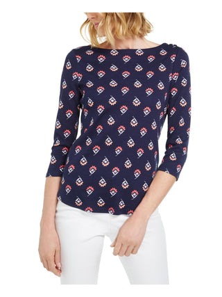 Charter Club Women's Floral Print Pima Cotton Top Navy Size Large