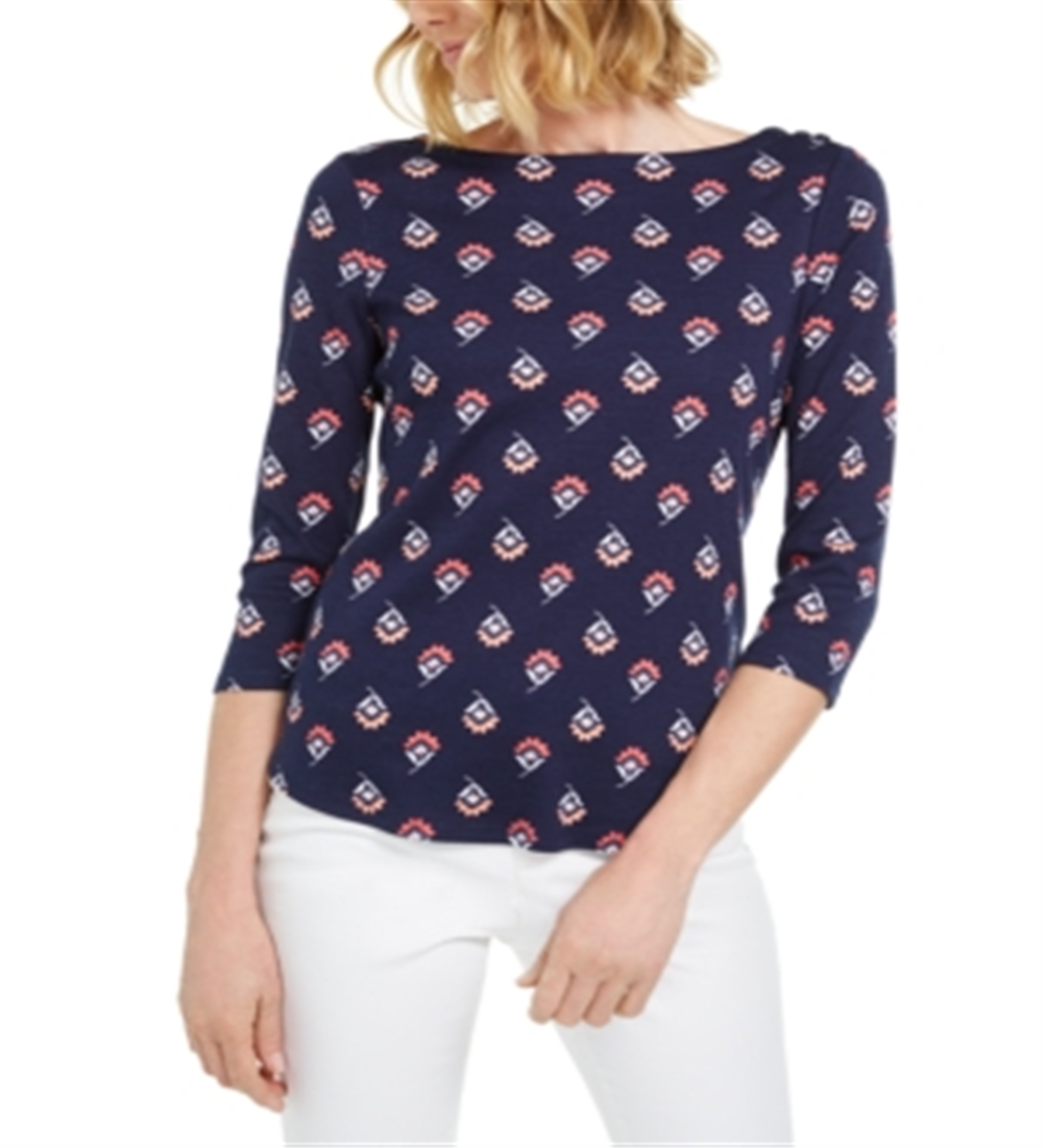 Charter Club Women's Floral Print Pima Cotton Top Navy Size Large