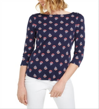 Charter Club Women's Floral Print Pima Cotton Top Navy Size Large