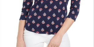 Charter Club Women's Floral Print Pima Cotton Top Navy Size Large