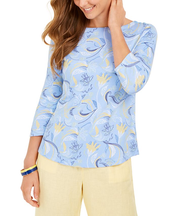 Charter Club Women's Paisley Print 3/4 Sleeve Top Blue Size X-Large