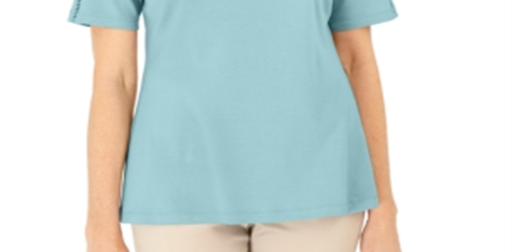 Karen Scott Women's Cotton Crochet Front Top Blue Size Large