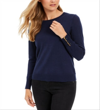 Charter Club Women's Merino Wool Button Cuff Crewneck Sweater Blue Size Large