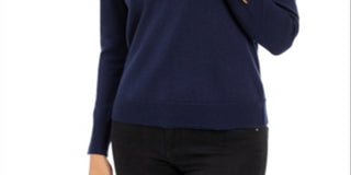 Charter Club Women's Merino Wool Button Cuff Crewneck Sweater Blue Size Large