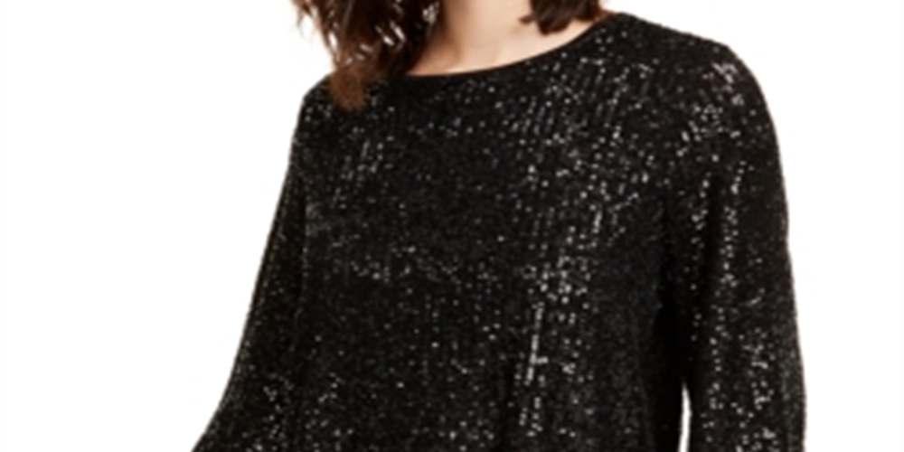 Alfani Women's Sequined Bell Sleeve Top Black Size Petite Small