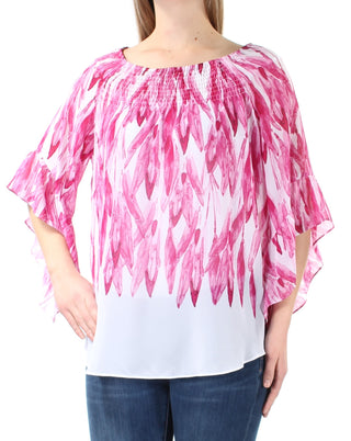 ALFANI Womens Pink Ruched Printed Kimono Sleeve Jewel Neck Top Petites Pink, Size Medium