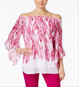 ALFANI Womens Pink Ruched Printed Kimono Sleeve Jewel Neck Top Petites Pink, Size Medium