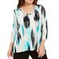 JM Collection Women's Petite Printed Grommet-Neck Top  Blue Size Petite M