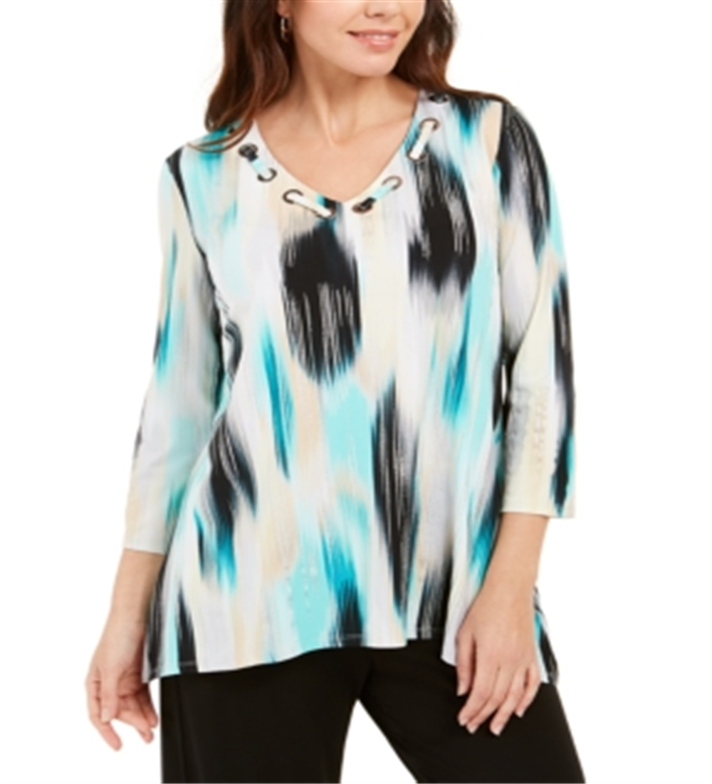 JM Collection Women's Petite Printed Grommet-Neck Top  Blue Size Petite M