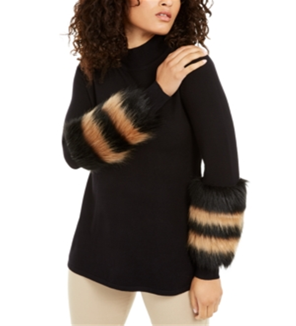 Alfani Women's Striped Faux Fur Cuff Sweater Black Size XX-Large