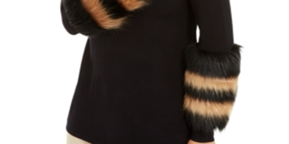 Alfani Women's Striped Faux Fur Cuff Sweater Black Size XX-Large