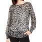 Alfani Women's Zebra Print Long Sleeve Jewel Neck Top White Size Small