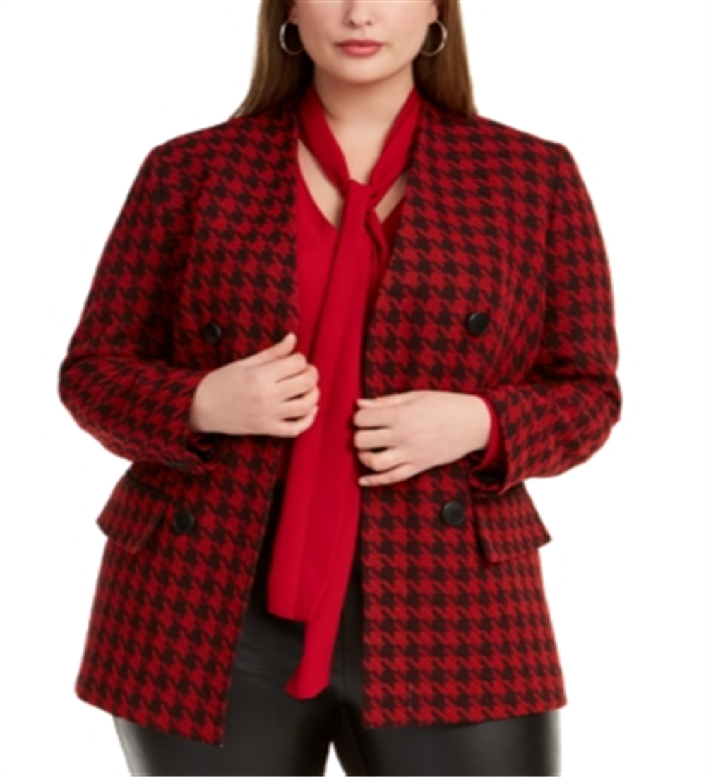 Bar III Women's  Houndstooth Blazer Wear to Work Jacket Red Size 22W