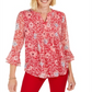 Charter Club Women's Printed Split Neck Top Red Size Large