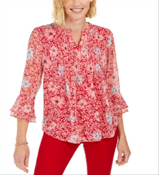 Charter Club Women's Printed Split Neck Top Red Size Large