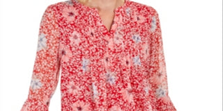 Charter Club Women's Printed Split Neck Top Red Size Large